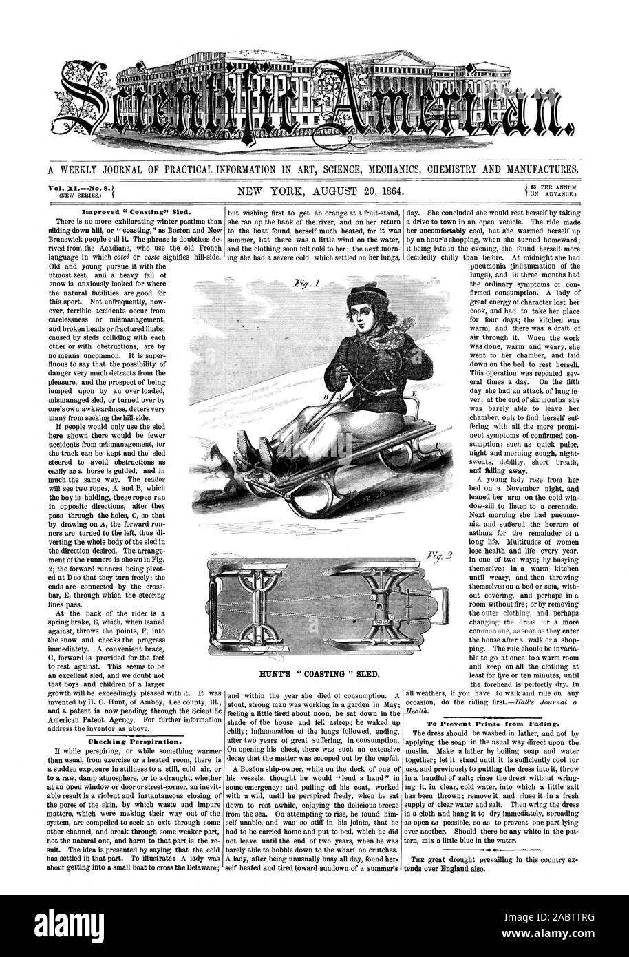 Migliorata 'folle' Sled. Controllare la sudorazione. Per impedire stampe da fading. HUNT 'costeggiando ' SLED., Scientific American, 64-08-20 Foto Stock