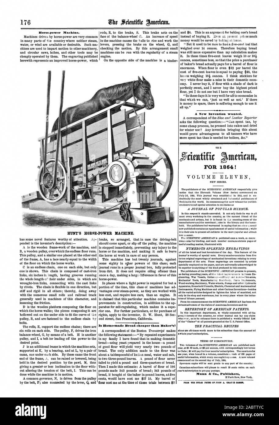 176 ght Aciadific Nadeau. Cavalli di potenza della macchina. HUNT cavalli di potenza della macchina. Una nuova invenzione voluto. Per il 1864! Munn & Co. Editori è il pane fatto in casa più conveniente di panettiere?, Scientific American, -09-10 Foto Stock