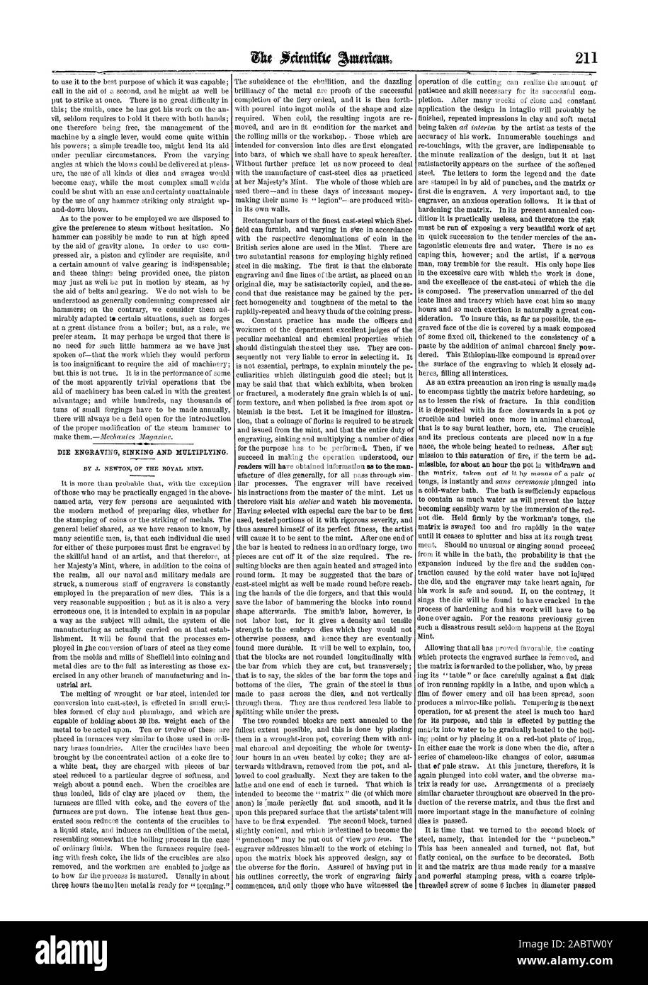 DIE affondamento di incisione e moltiplicando. Da J. NEWTON DELLA ROYAL MINT., Scientific American, 64-10-01 Foto Stock
