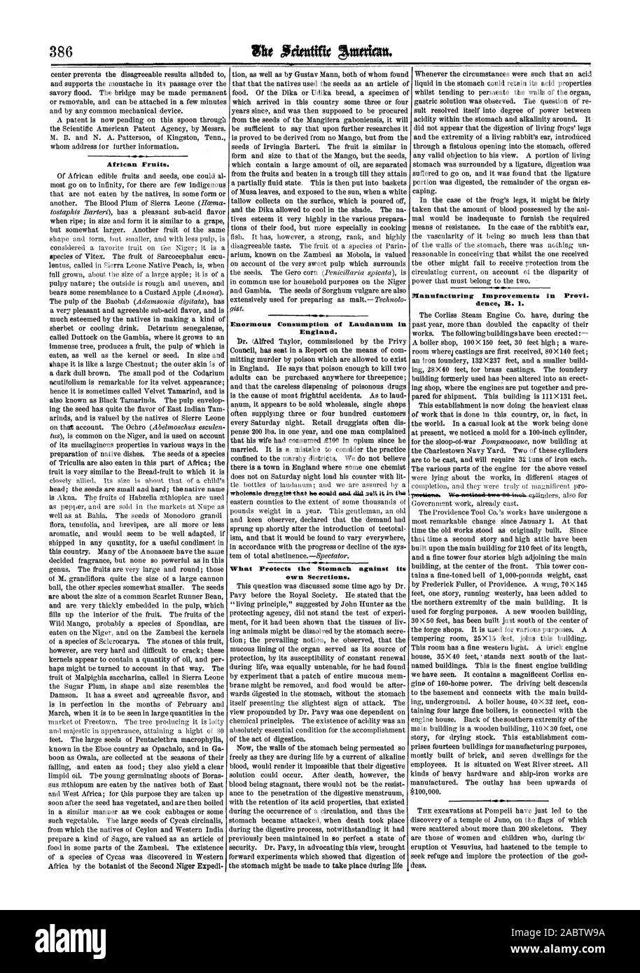 Frutti africani. Enorme Consumo di laudano in Inghilterra. Cosa protegge lo stomaco contro la sua propria secrezioni. Miglioramenti di fabbricazione in Provi. deuce U. 1., Scientific American, 64-12-17 Foto Stock