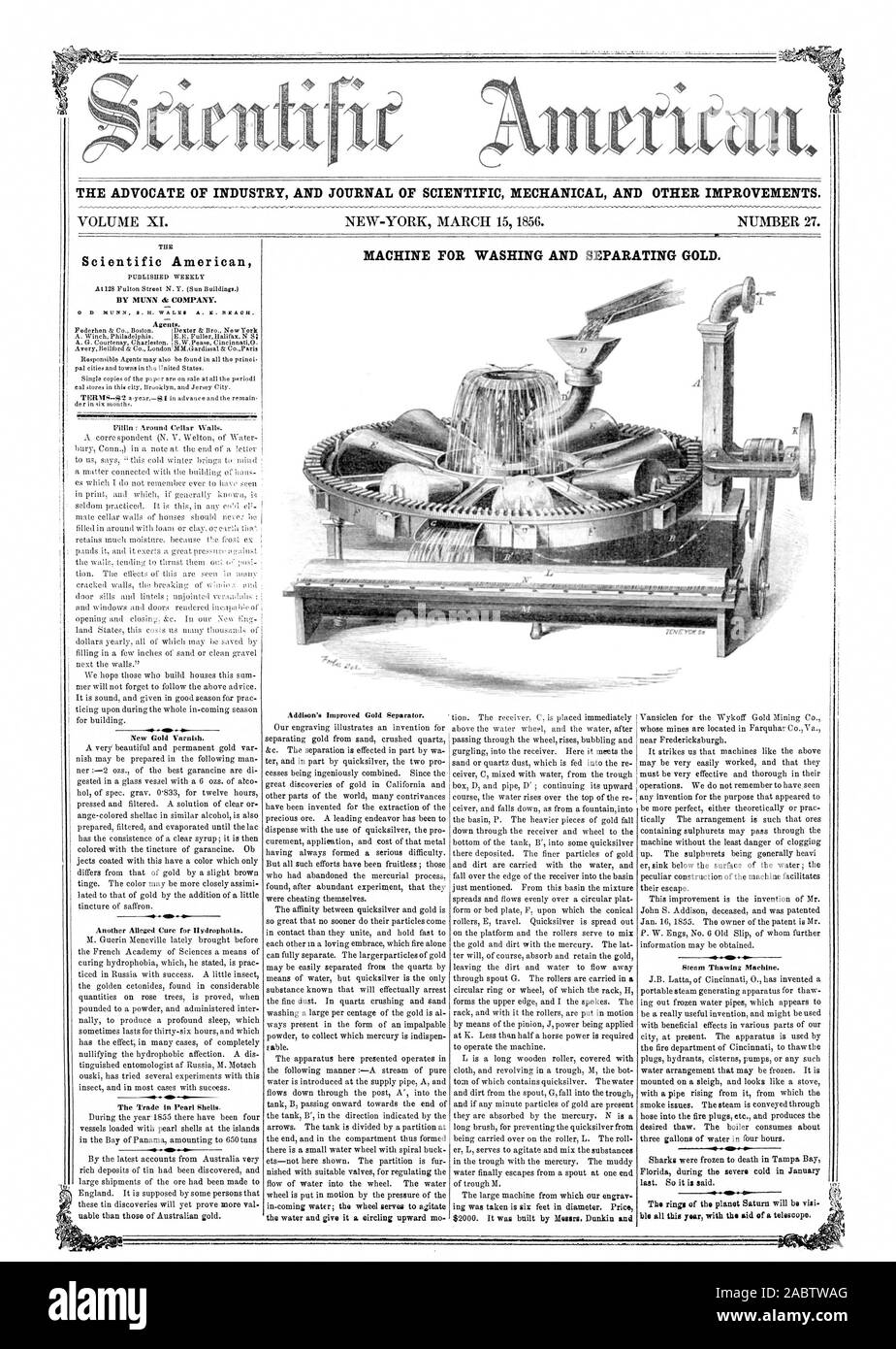 L' AVVOCATO DI INDUSTRIA E UFFICIALE DELLA MECCANICA scientifica e altri miglioramenti. Macchina per il lavaggio e la separazione di oro. 0 D MUNN B. H. WALIZI A. C. SPIAGGIA.PIM, Scientific American, 56-03-15 Foto Stock