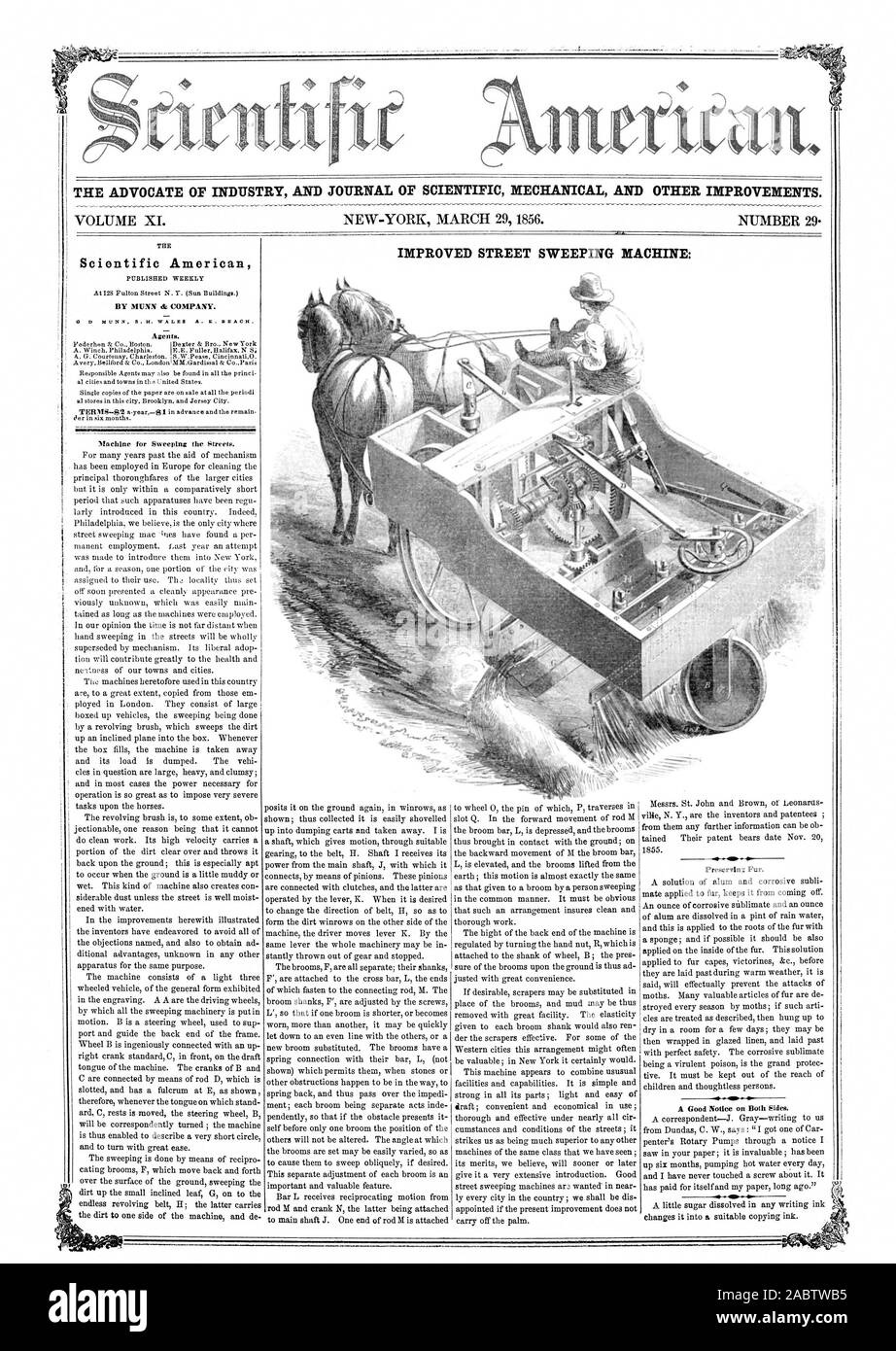 L' AVVOCATO DI INDUSTRIA E UFFICIALE DELLA MECCANICA scientifica e altri miglioramenti. Migliore macchina spazzatrice stradale: Agenti. Macchina per spazzare le strade. Preservinz pelliccia. Scientific American, 56-03-29 Foto Stock