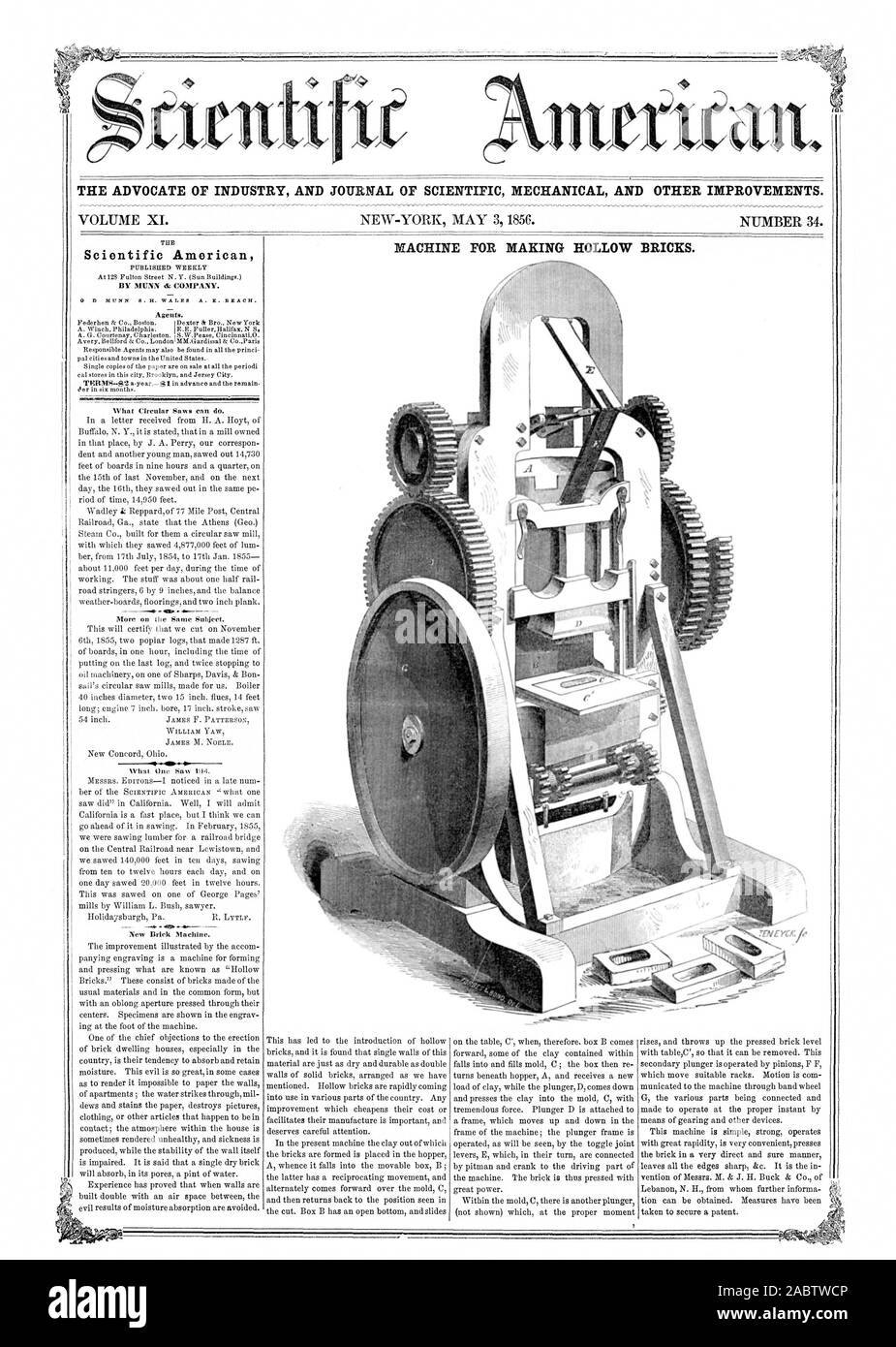 L' AVVOCATO DI INDUSTRIA E UFFICIALE DELLA MECCANICA scientifica e altri miglioramenti. Macchina per la produzione di mattoni forati. Scientific American, 56-05-03 Foto Stock