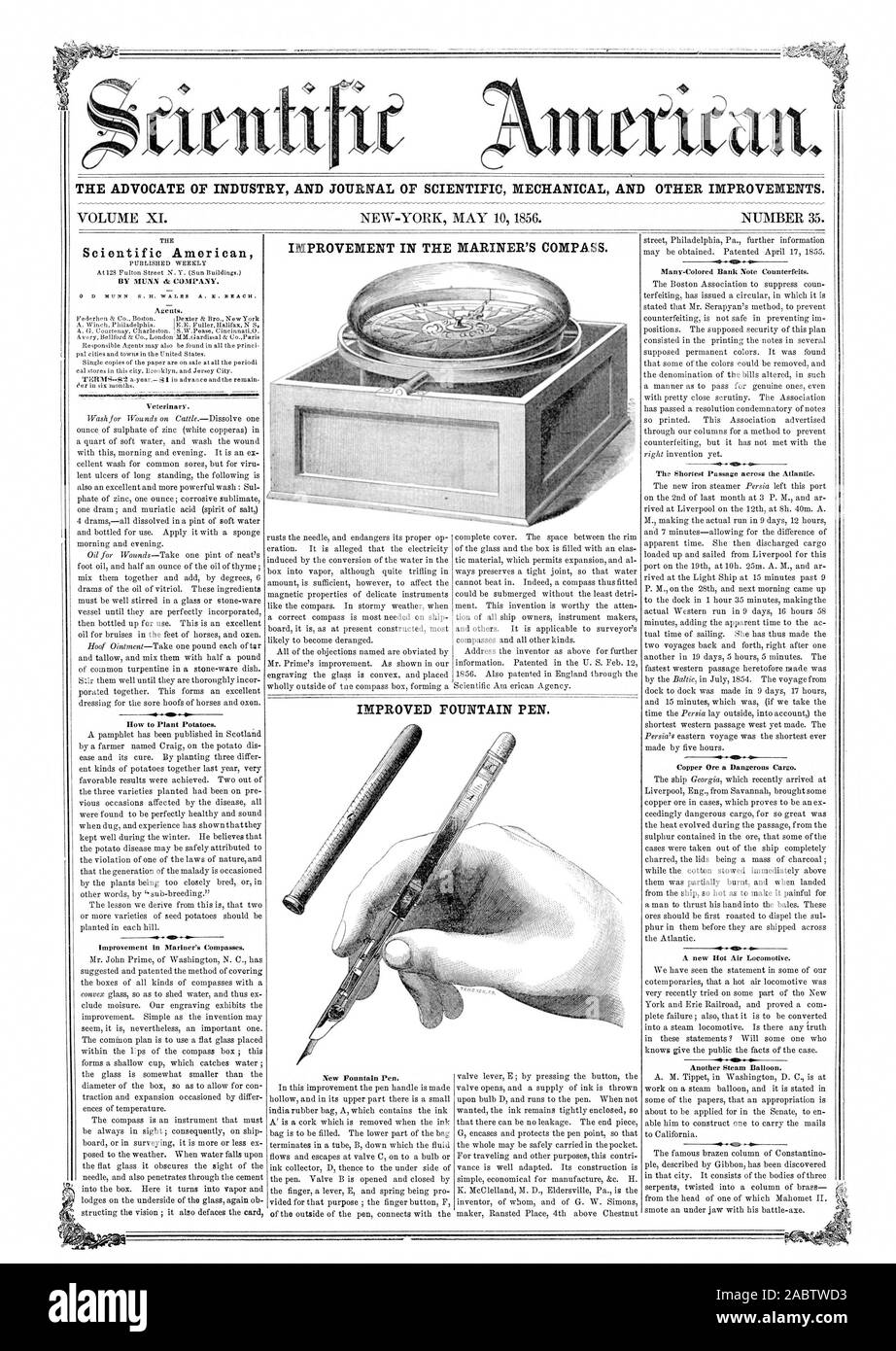 L' AVVOCATO DI INDUSTRIA E UFFICIALE DELLA MECCANICA scientifica e altri miglioramenti. Miglioramento della Bussola nautica. Scientific American 0 D MUNN 0,5€. Il Galles A. Z. BEACH. Miglioramento penna stilografica., 56-05-10 Foto Stock