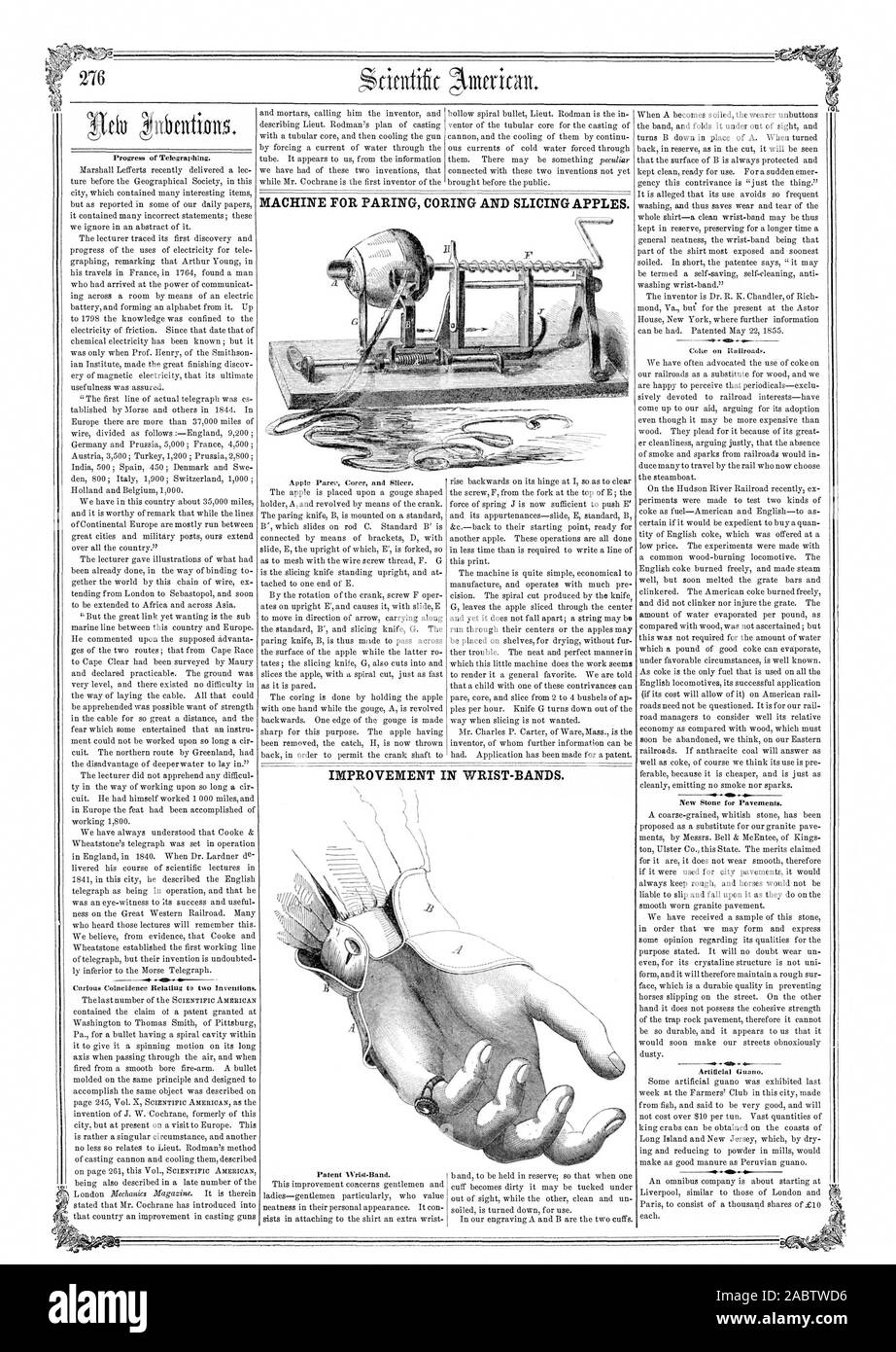 276 macchina per girando detorsolatura e affettare le mele. Miglioramento nel polso-bande., Scientific American, 56-05-10 Foto Stock