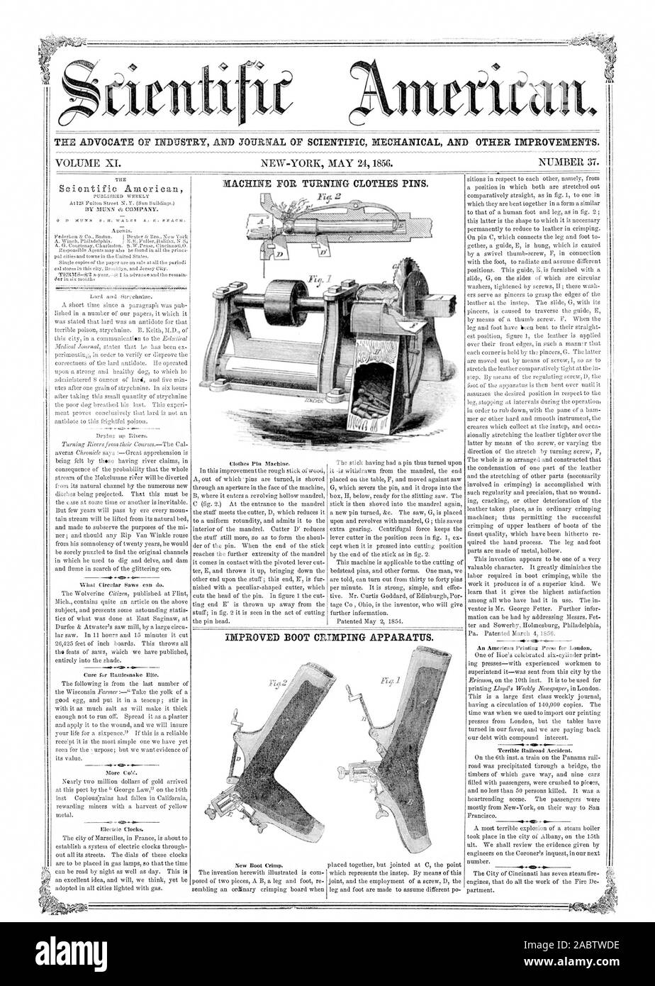 L' AVVOCATO DI INDUSTRIA E UFFICIALE DELLA MECCANICA scientifica e altri miglioramenti. Macchina per la rotazione dei perni di vestiti. Tif 310., Scientific American, 56-05-24 Foto Stock