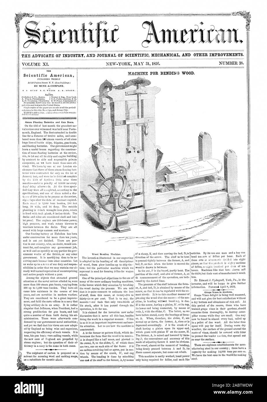 L' AVVOCATO DI INDUSTRIA E UFFICIALE DELLA MECCANICA scientifica e altri miglioramenti. Macchina per la curvatura di legno. Scientific American, 56-05-31 Foto Stock