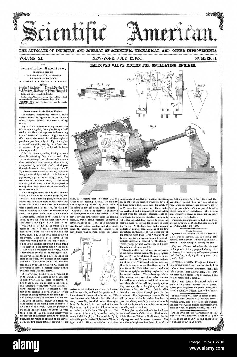 L' AVVOCATO DI INDUSTRIA E UFFICIALE DELLA MECCANICA scientifica e altri miglioramenti. Valvola migliorata per il movimento oscillante di motori. Scientific American DA MUNN società dr. Gli agenti. Miglioramento nei motori oscillante. Polveri di dente. 0., 56-07-12 Foto Stock
