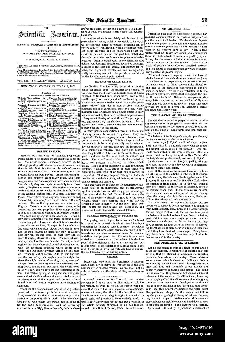 I motori marini. Brevetti su piccole cose. Indicazioni di superficie di petrolio. Speciale per Stato pratico. Il saldo della bilancia commerciale della delusione. L'OLIO DI PETROLIO INTERESSI., Scientific American, 1865-01-09 Foto Stock