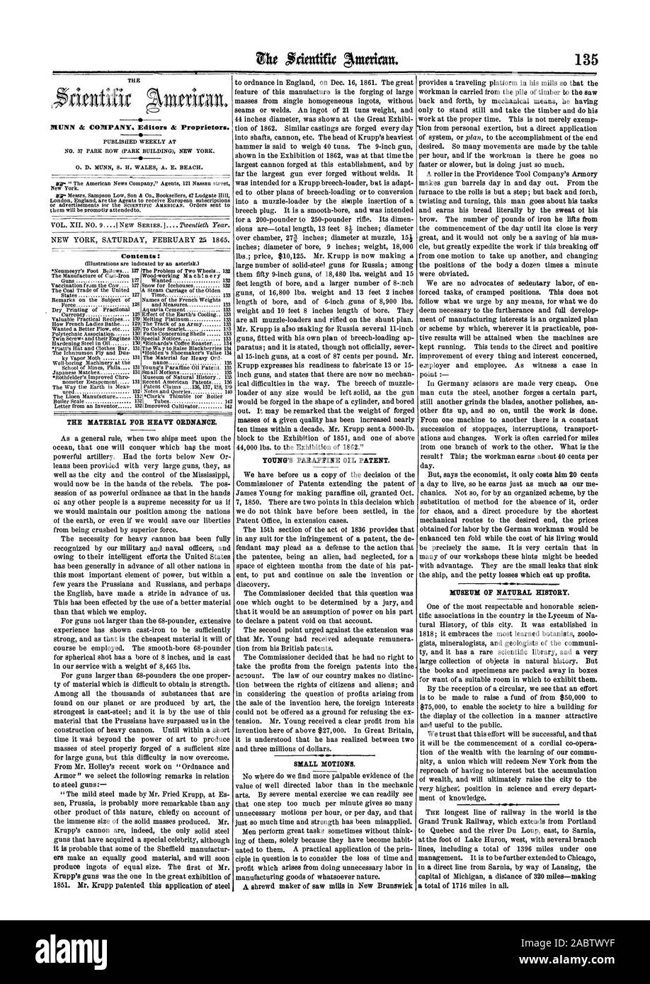 135 IL MATERIALE PER L'artiglieria pesante. YOUNG olio paraffino brevetto. Piccoli movimenti. Museo di Storia Naturale., Scientific American, 1865-02-25 Foto Stock