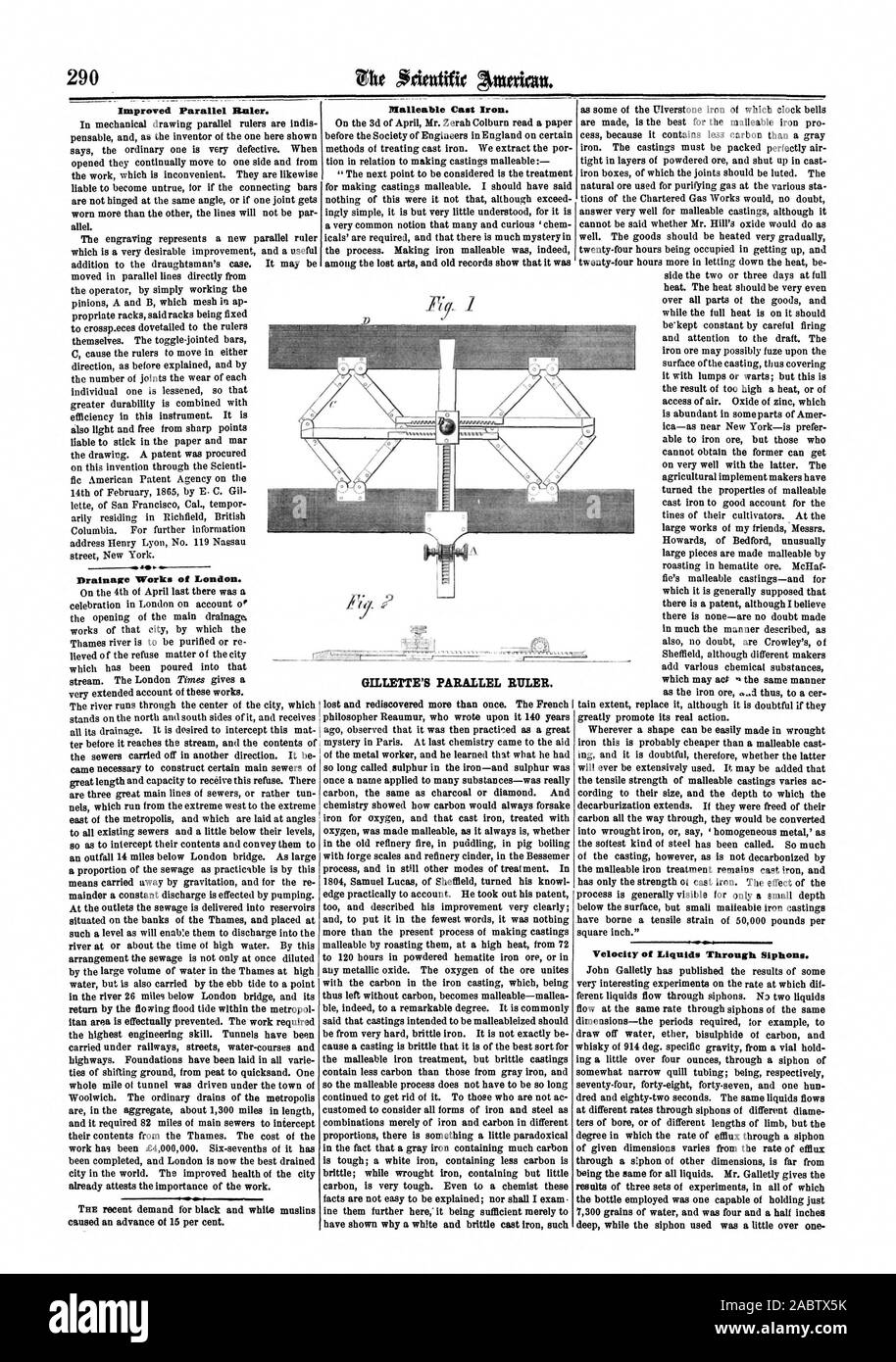 Parallelamente migliorato righello. Lavori di drenaggio di Londra. Velocità di liquidi attraverso i sifoni. Ghisa malleabile. GILLETTE righello parallelo., Scientific American, 1865-05-06 Foto Stock