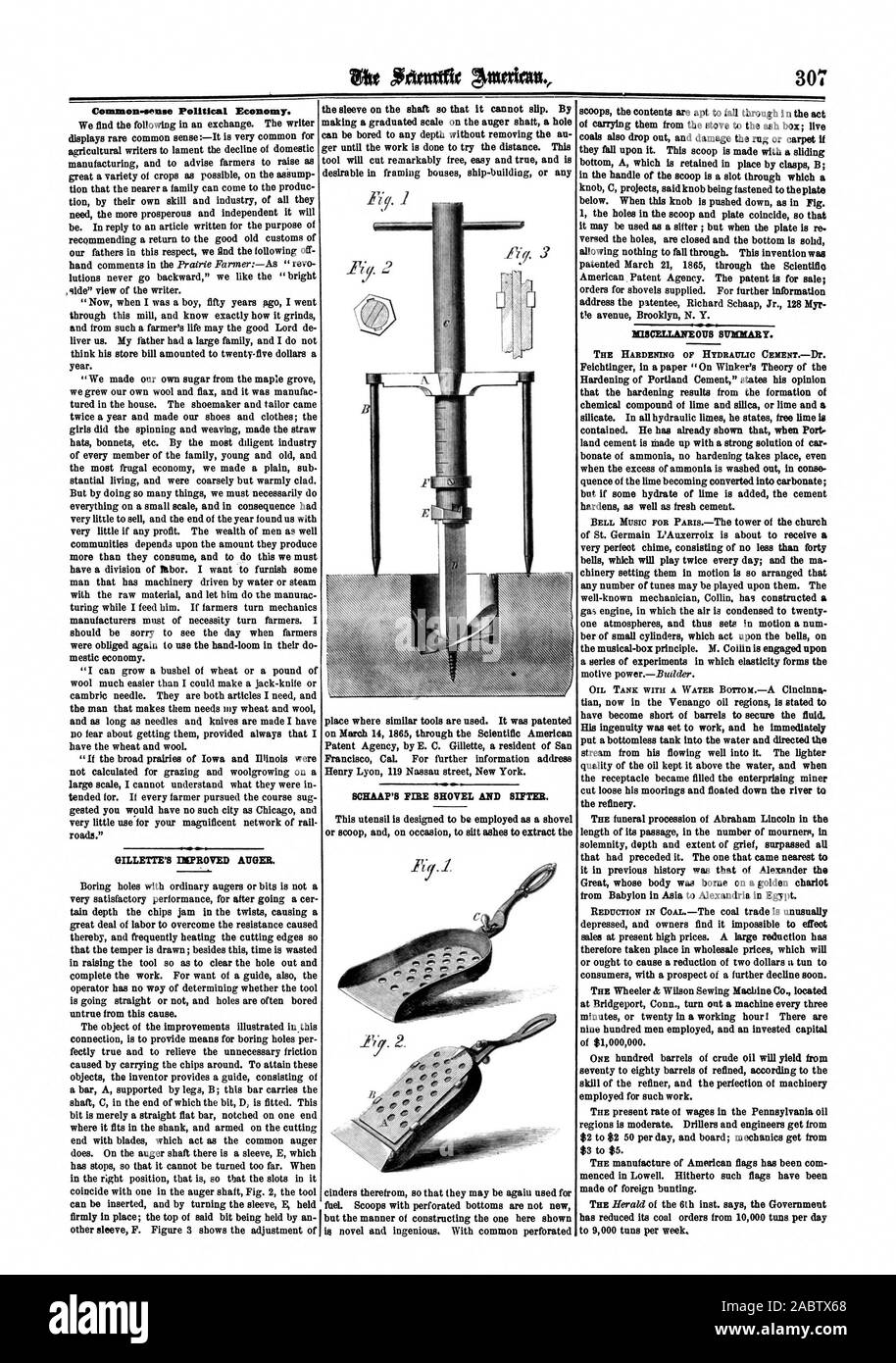 Nutrias Acittnific. 307 senso comune di economia politica. SCHAAF incendio della pala e buratto. Riepilogo varie. Il processo di indurimento delle CEMENTDr idraulica., Scientific American, 1865-05-13 Foto Stock