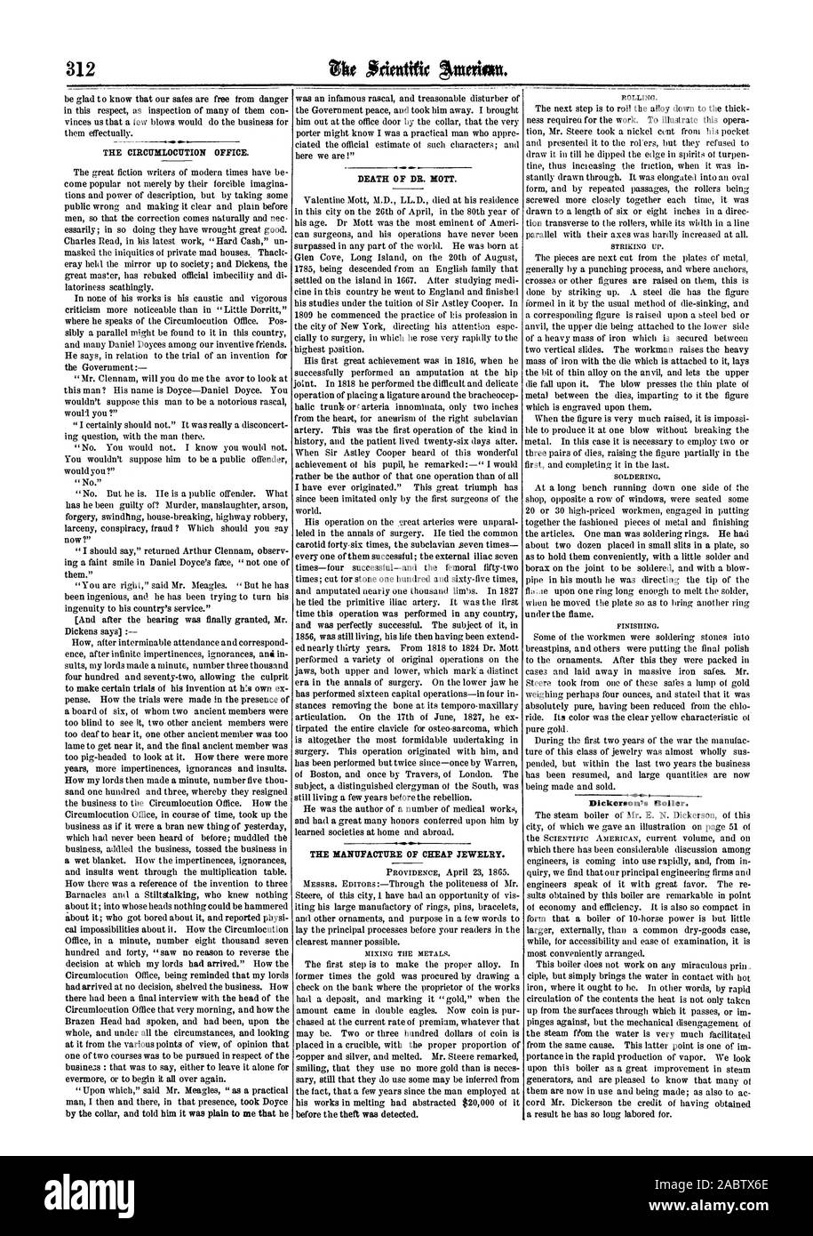 La CIRCONLOCUZIONE OFFICE. La morte del DR. MOTT. La Fabbricazione di bigiotteria., Scientific American, 1865-05-13 Foto Stock