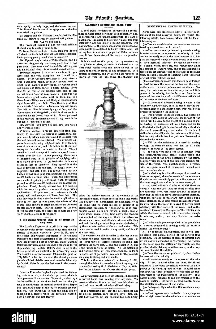 Aumenta con la velocità ? Città. A due miglia nautiche per ora la spinta necessaria per superare l'attrito varia al variare della potenza di 1.823 della velocità; e ad otto miglia nautiche per ora la spinta necessaria per superare le fric difficilmente forse corretto per chiamare questa resistenza con il nome di attrito; essa è in parte forse dovuta principalmente t il viscidity o adesione dell'acqua. diventano meno? Che ad alta velocità di adesione viene superato così, Scientific American, 1865-05-20 Foto Stock