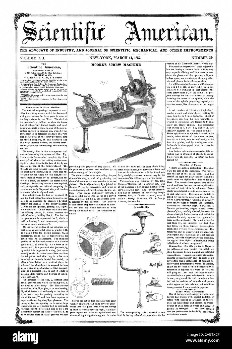 L' AVVOCATO DI INDUSTRIA E UFFICIALE DELLA MECCANICA scientifica e altri miglioramenti di MOORE macchina a vite., Scientific American, 1857-03-14 Foto Stock