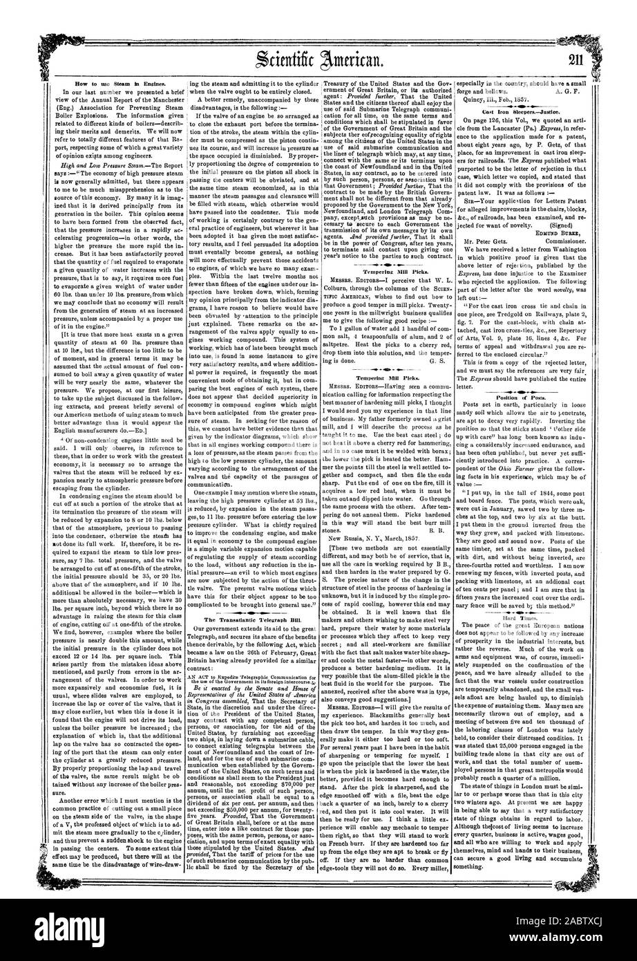 Il Telegrafo transatlantico di Bill. 4 il rinvenimento Mill Picks. Mulino di tempra Picks. Posizione dei posti. Tempi duri., Scientific American, 1857-03-14 Foto Stock