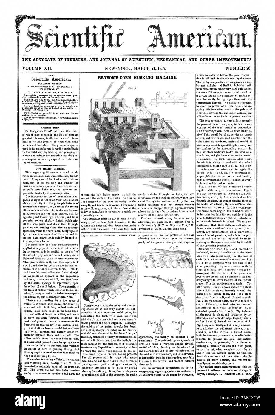 L' AVVOCATO DI INDUSTRIA E UFFICIALE DELLA MECCANICA SCIENTIFICA E ALTRI MIGLIORAMENTI BRYSON'S CORN HUSHING MACCHINA. Scientific American DA MUNN ET CO., 1857-03-21 Foto Stock