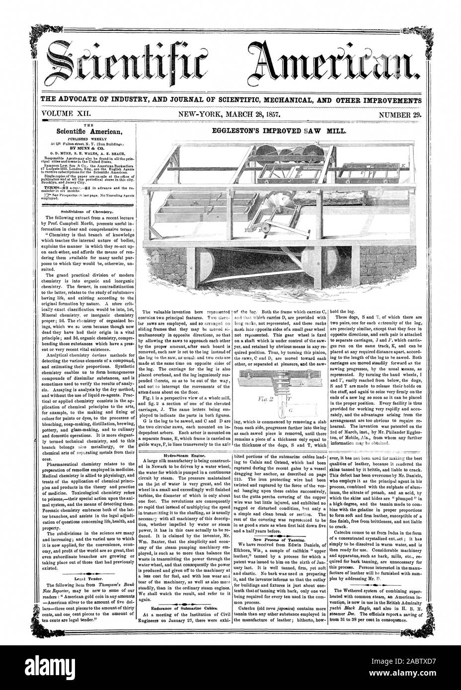 L' AVVOCATO DI INDUSTRIA E UFFICIALE DELLA MECCANICA SCIENTIFICA E ALTRI MIGLIORAMENTI EGGLESTON migliorata del mulino di sega. Scientific American aiiiinarracomv -, 1857-03-28 Foto Stock