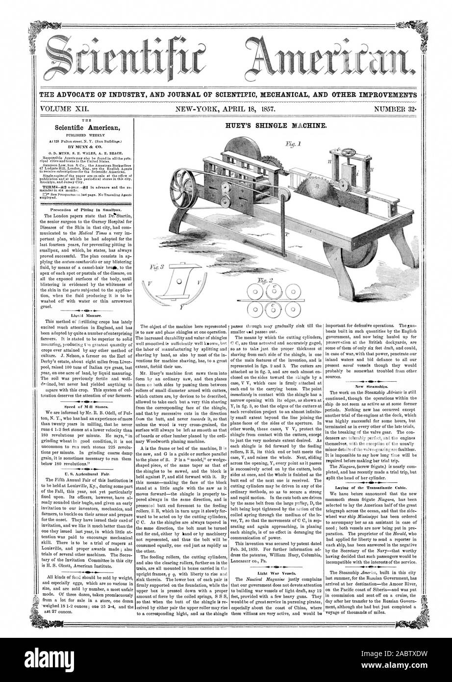 L' AVVOCATO DI INDUSTRIA E UFFICIALE DELLA MECCANICA SCIENTIFICA E ALTRI MIGLIORAMENTI HUEY della macchina di scandole. 0MLININEMEb ., Scientific American, 1857-04-18 Foto Stock