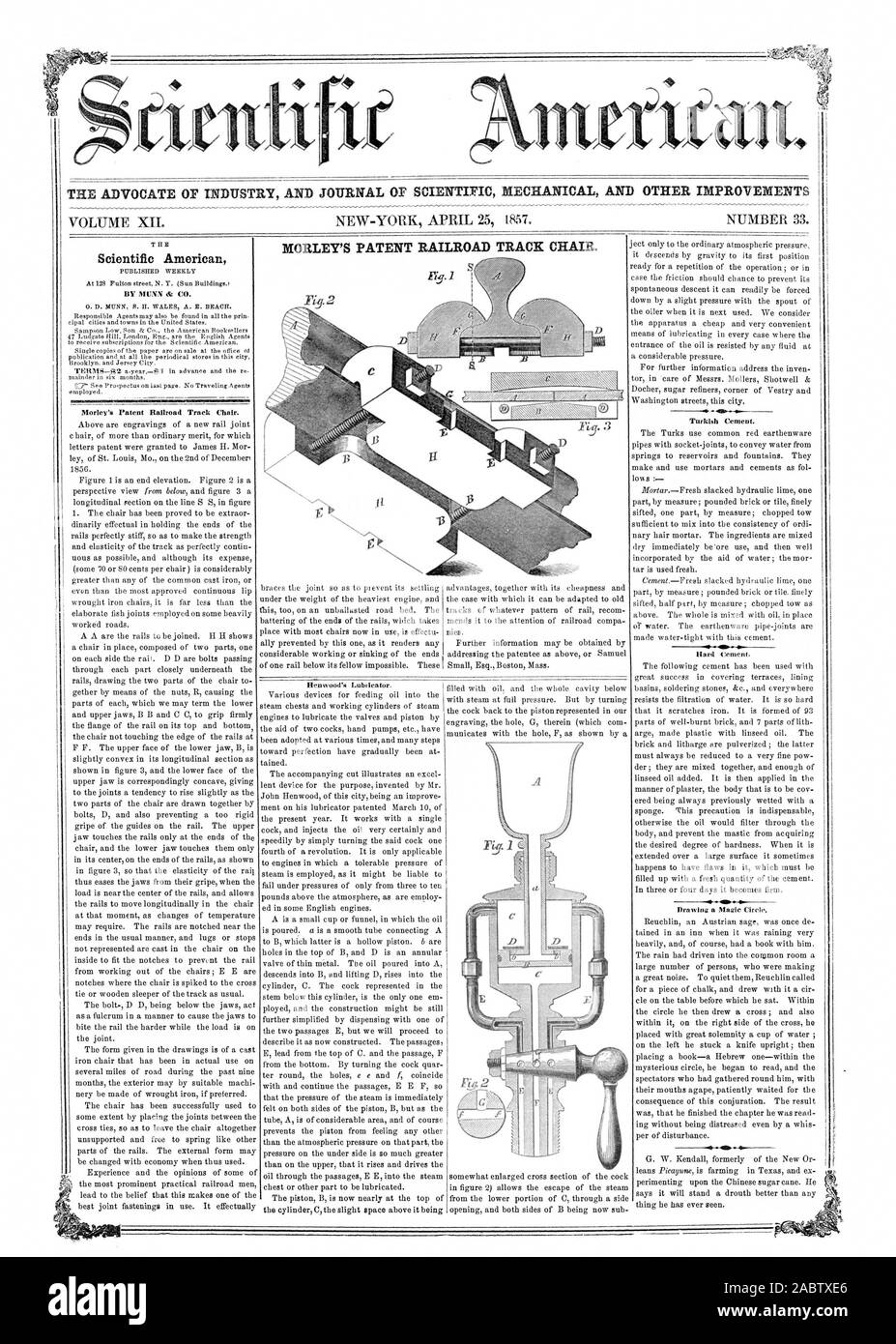 L' AVVOCATO DI INDUSTRIA E UFFICIALE DELLA MECCANICA SCIENTIFICA E ALTRI MIGLIORAMENTI MORLEY'S BREVETTO RAILROAD TRACK CHAIR. Scientific American DA MUNN dr CO. Morley's brevetto Railroad Track Chair. Henwood lubrificatore del. Bagno turco cemento., 1857-04-25 Foto Stock