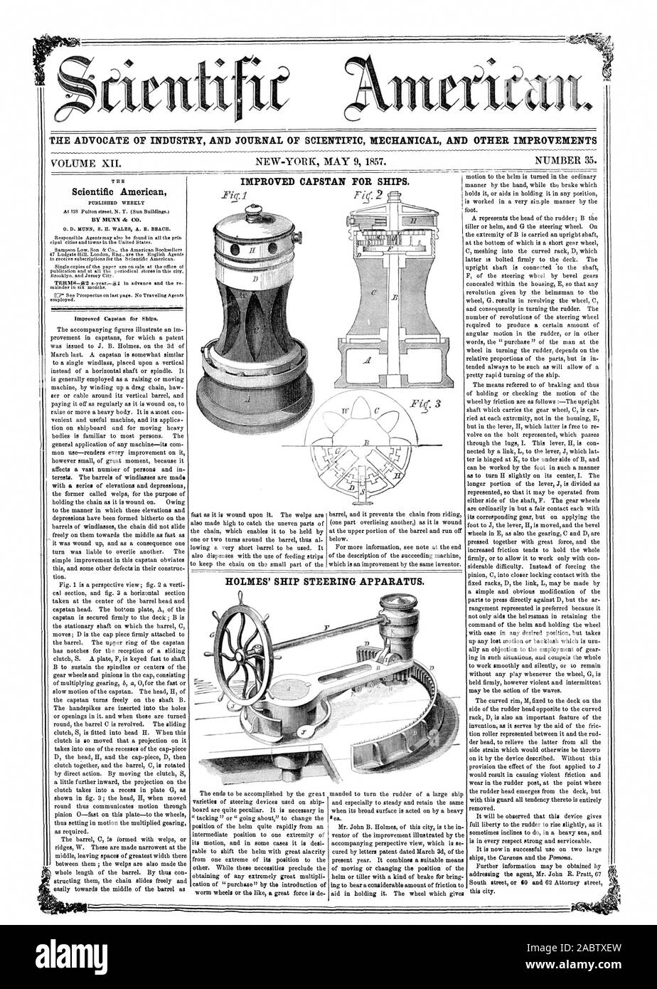 L' AVVOCATO DI INDUSTRIA E UFFICIALE DELLA MECCANICA scientifica e altri miglioramenti cabestano migliorata per le navi. HOLMES' nave apparecchio di sterzatura. Scientific American DA MUNN dr CO., 1857-05-09 Foto Stock