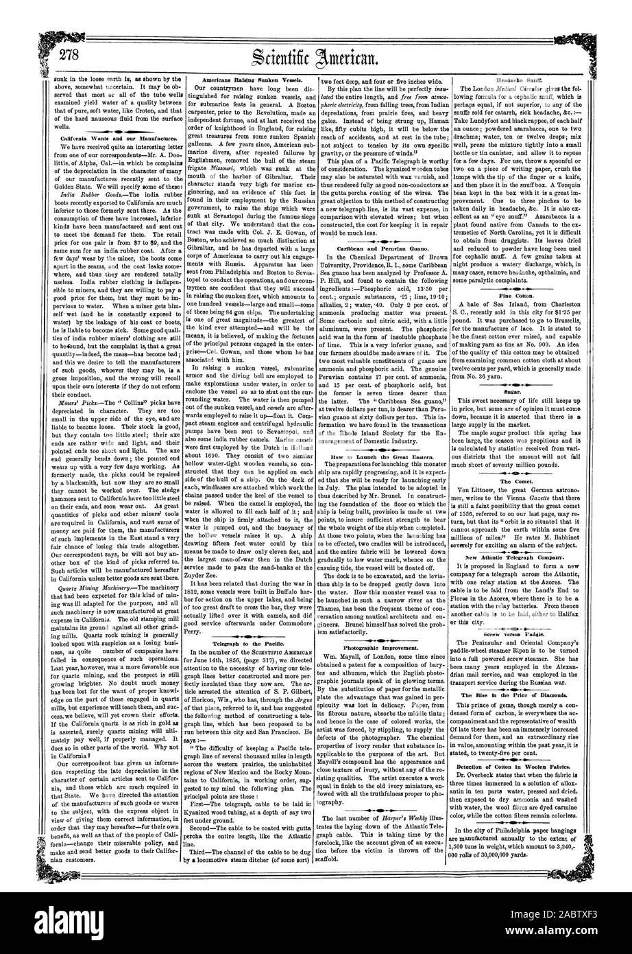 Come avviare la Great Eastern. Caraibi e peruviano Guano. . California vuole e la nostra fabbrica. Gli americani il sollevamento Sunken navi. Soleggiato Headaehe ammenda di cotone. Lo zucchero. La cometa. La vite contro il dispositivo di compressione. L'aumento del prezzo dei diamanti. Rilevamento di cotone in tessuti di lana., Scientific American, 1857-05-09 Foto Stock