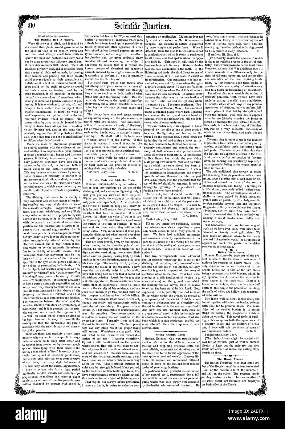 Pareti cave di nuovo. Il Tunnel Hoosic. Impostazione dei denti artificiali. Aste di data mining e fulmini Hods., Scientific American, 1857-06-06 Foto Stock