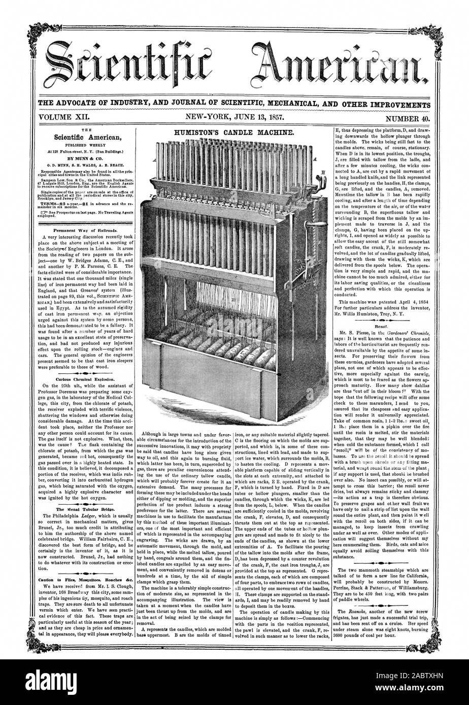 Mititait AVVOCATO DI INDUSTRIA E UFFICIALE DELLA MECCANICA SCIENTIFICA E ALTRI MIGLIORAMENTI VOLUME XIL NEW-YORK 13 GIUGNO 1857. Numero 40. HUMISTON candela della macchina. Scientific American, 1857-06-13 Foto Stock