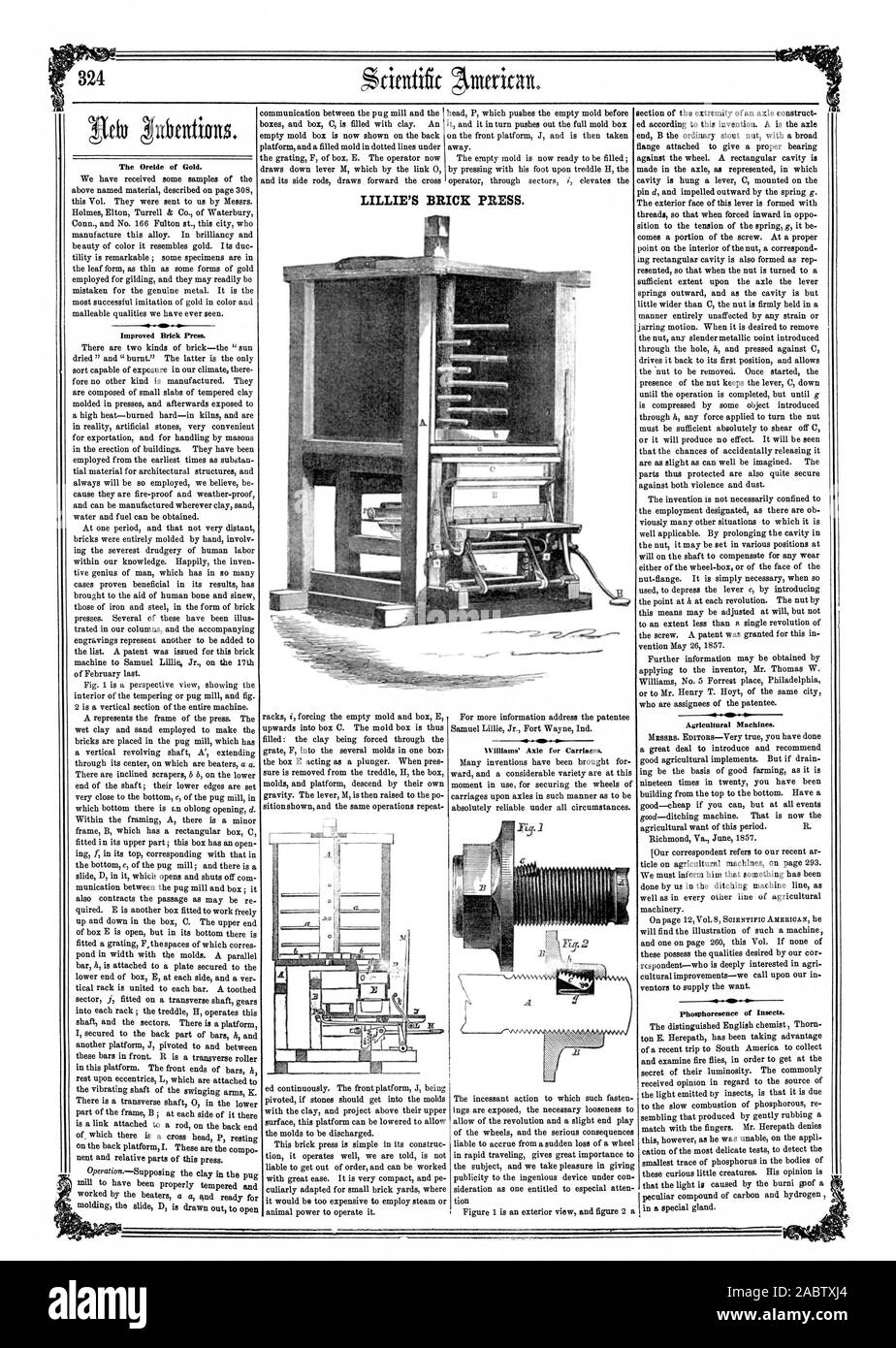 Il Oreide d'oro. In laterizio perfezionato premere. illiams' assale per carrelli. Macchine agricole. LILLIE mattone della pressa., Scientific American, 1857-06-20 Foto Stock