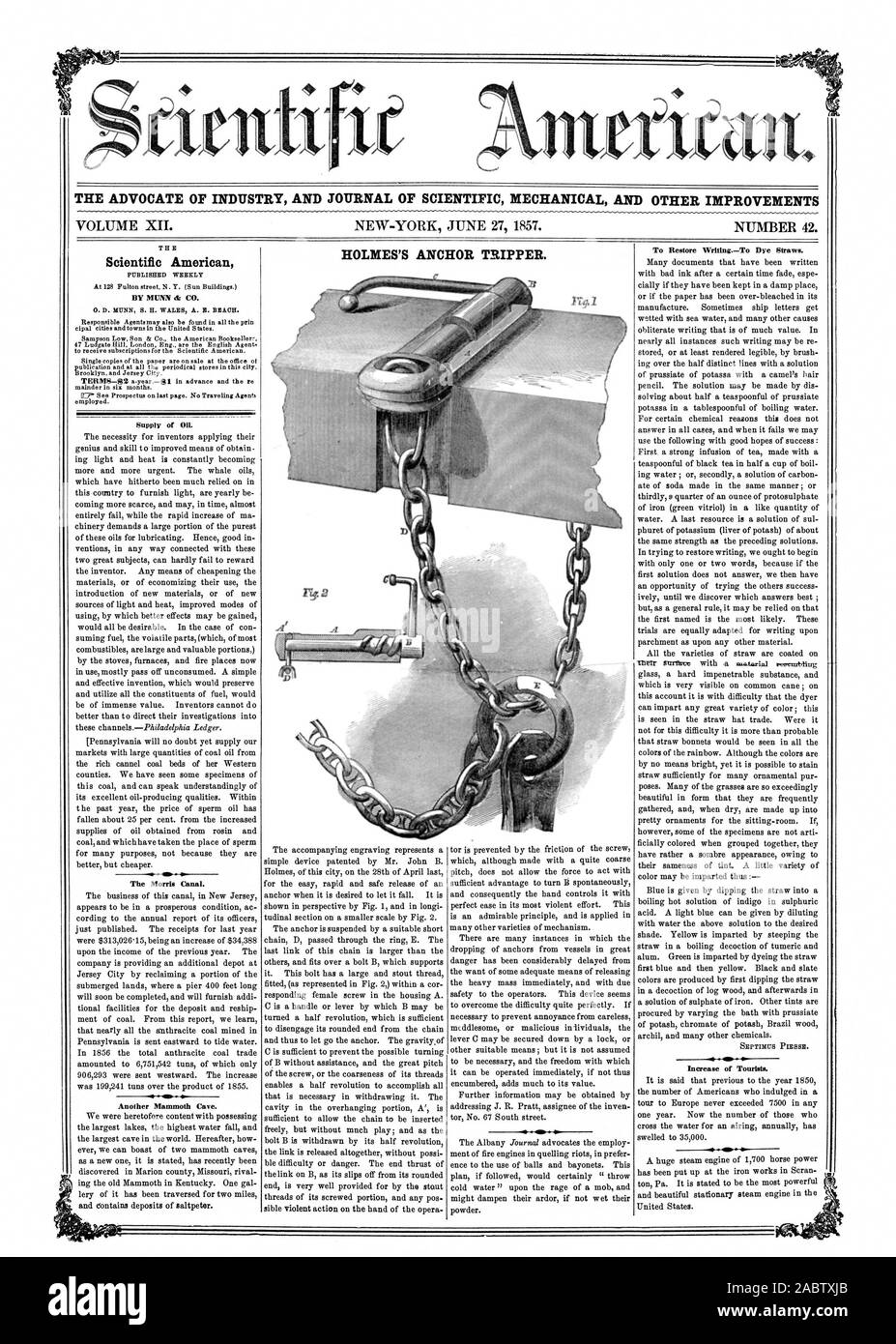 L' AVVOCATO DI INDUSTRIA E UFFICIALE DELLA MECCANICA SCIENTIFICA E ALTRI MIGLIORAMENTI HOLMES DI ANCORAGGIO DEL GITANTE. Scientific American alimentazione di olio La Morris Canal. Un altro Mammoth Cave. Per ripristinare il colorante WritingTo cannucce. Aumento dei turisti., 1857-06-27 Foto Stock