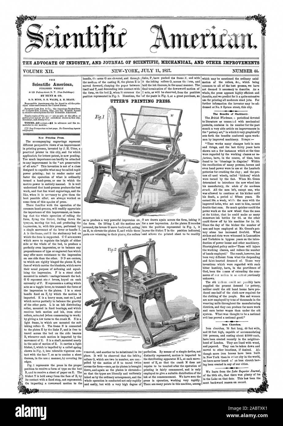 L' AVVOCATO DI INDUSTRIA E UFFICIALE DELLA MECCANICA SCIENTIFICA E ALTRI MIGLIORAMENTI Scientific American DA MUNN th CO. Nuova Macchina da stampa. I vantaggi delle macchine. Ferro da stiro Churchee. Pronunciare DELLA STAMPA., 1857-07-11 Foto Stock