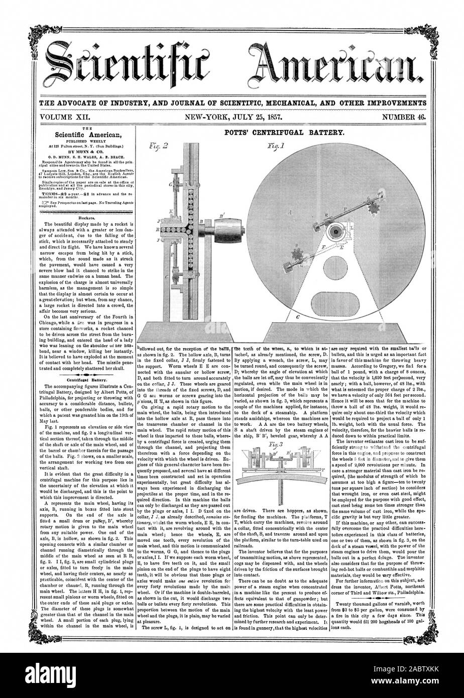L' AVVOCATO DI INDUSTRIA E UFFICIALE DELLA MECCANICA SCIENTIFICA E ALTRI MIGLIORAMENTI POTTS' BATTERIA CENTRIFUGA., Scientific American, 1857-07-25 Foto Stock