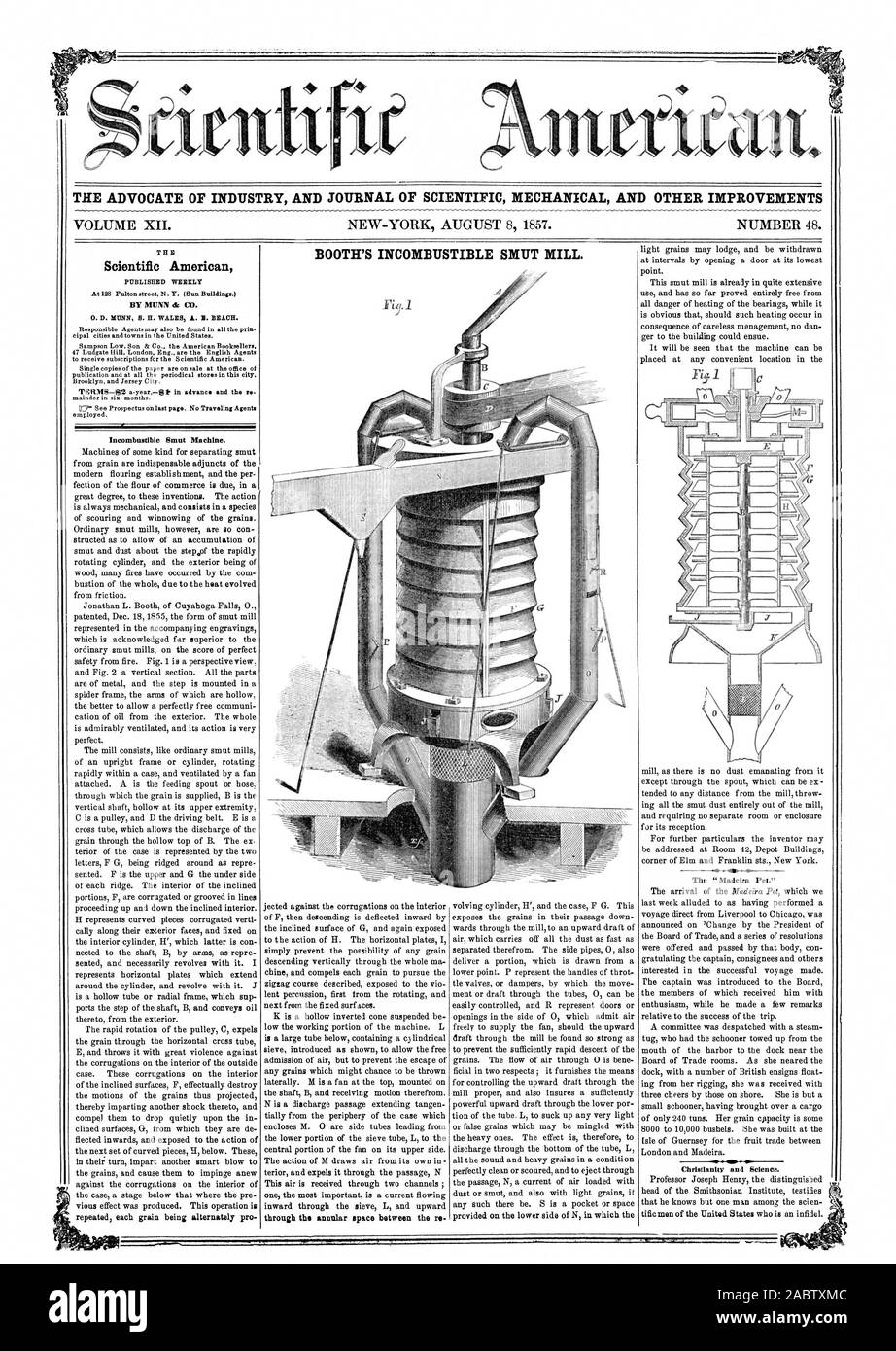 L' AVVOCATO DI INDUSTRIA E UFFICIALE DELLA MECCANICA SCIENTIFICA E ALTRI MIGLIORAMENTI VOLUME XII. BOOTH'S incombustibile mulino granello di fuliggine. Scientific American incombustibile di granello di fuliggine macchina. attraverso lo spazio anulare tra il re il 'Madeira Pet.', 1857-08-08 Foto Stock