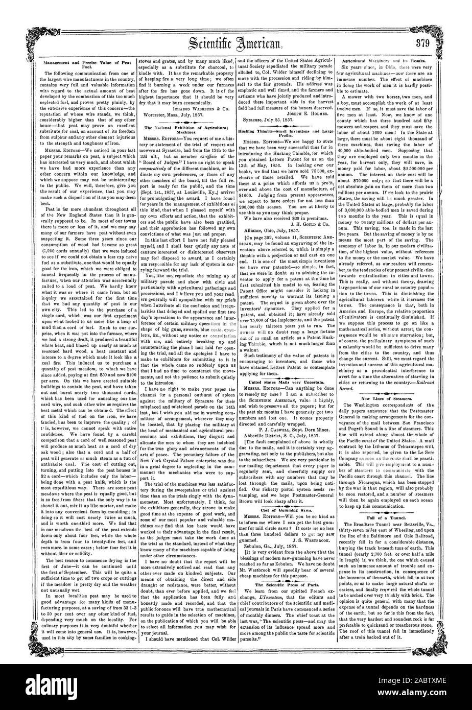 La gestione e il preciso valore di torba combustibile. La Mostra Nazionale di macchine agricole. Mondatura ditale-piccole invenzioni e i grandi profitti. Stati Uniti Mail molto incerto. La stampa scientifica di Parigi. Nuove linee di vaporetti. Il crollo di un tunnel., Scientific American, 1857-08-08 Foto Stock