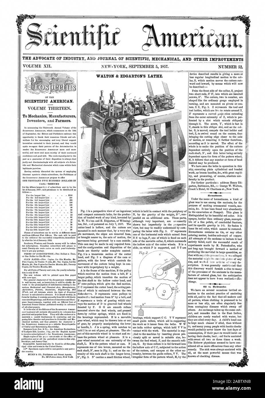 L' AVVOCATO DI INDUSTRIA E UFFICIALE DELLA MECCANICA SCIENTIFICA E ALTRI MIGLIORAMENTI WALTON & EDGARTON il tornio. SCIENTIFIC AMERICAN., 1857-09-05 Foto Stock