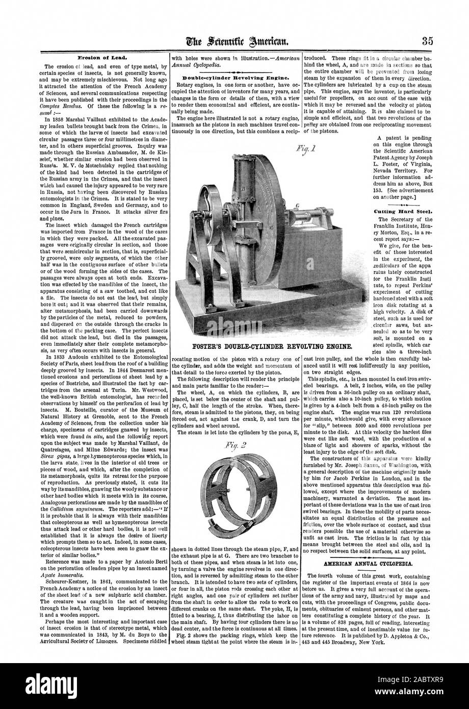 Erosione di piombo. Doppio cilindro motore girevole. Disco da taglio in acciaio. Americano dell'enciclopedia annuale. FOSTER è a doppio cilindro motore girevole, Scientific American, 1865-07-15 Foto Stock