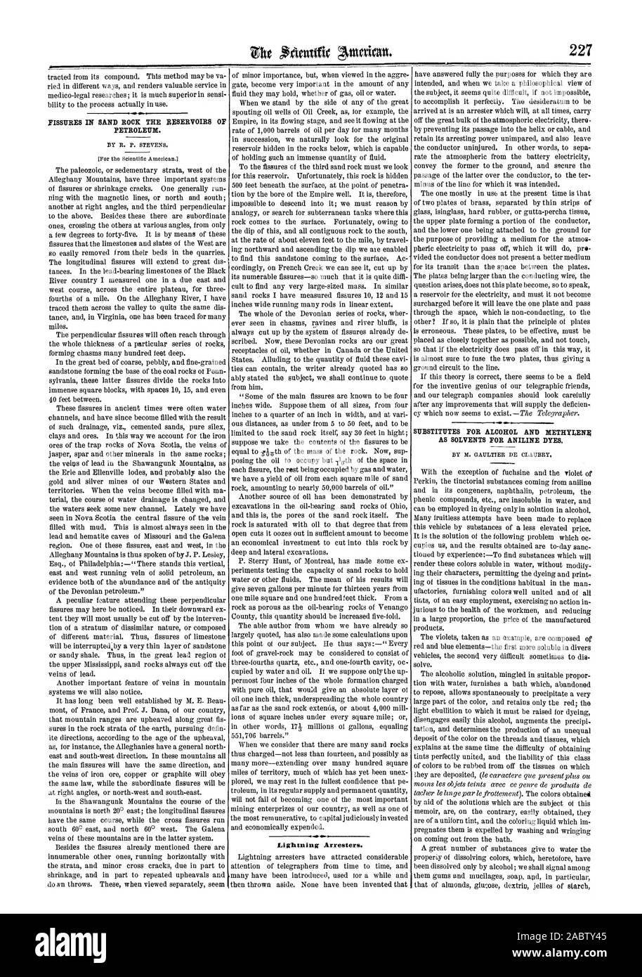 Fessure nella roccia di sabbia le riserve di petrolio. Sostituti per alcol e metilene come solventi per i coloranti di anilina., Scientific American, 1865-10-07 Foto Stock