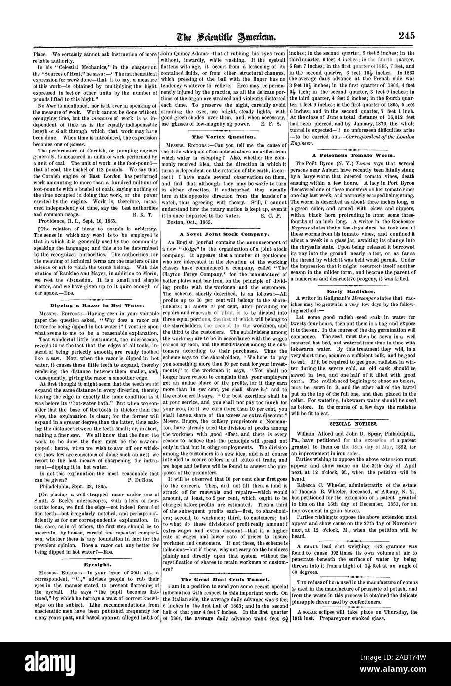 Immergendo un rasoio in acqua calda. Vista. La questione a vortice. Una nuova Joint Stock Company. 0-.00 Il Grande Mont Cenis Tunnel. Un velenoso worm di pomodoro. Inizio Ravanelli. Avvisi speciali., Scientific American, 1865-10-14 Foto Stock