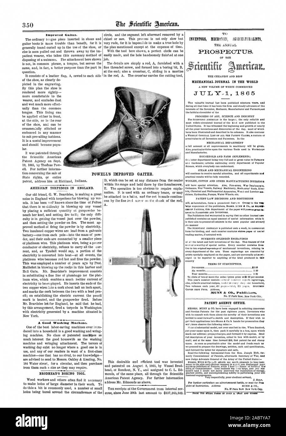 Una buona macchina di lavaggio. BRODHEAD noioso attrezzo. Meccanica ufficiale nel mondo $300 MUNN dc CO. Gli editori di brevetto Ufficio dell'Agenzia. POWELL soffietto migliorato., Scientific American, 1865-11-25 Foto Stock