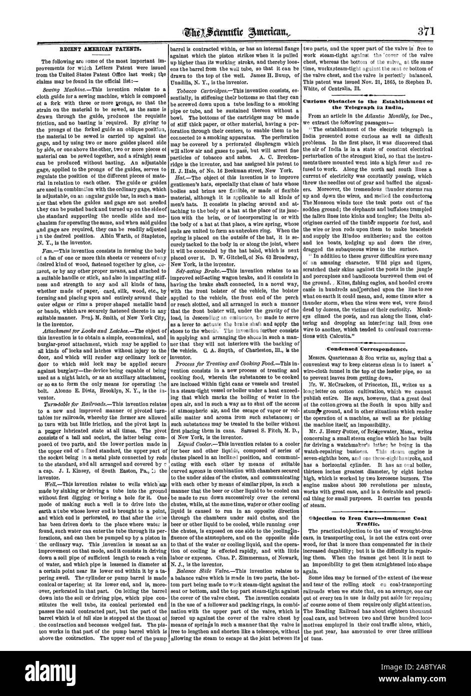 Recenti brevetti AIIENICAN. Curioso gli ostacoli che si frappongono alla realizzazione del telegrafo int India condensato il traffico di corrispondenza, Scientific American, 1865-12-09 Foto Stock