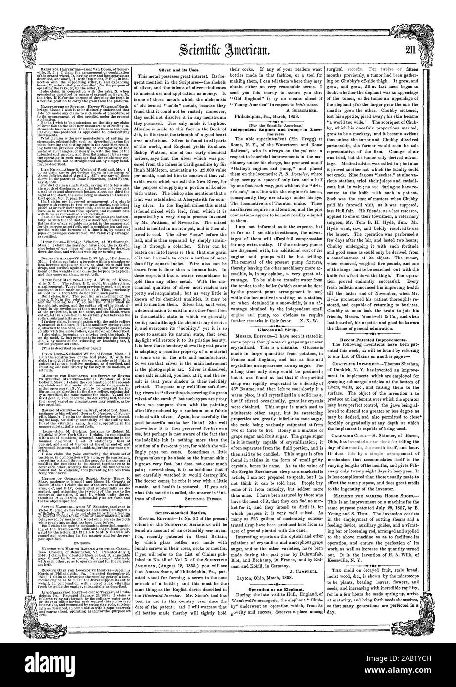 Argento e suoi usi. Indipendenti di motori e pompe in loco le motivazioni. Glucosio e Sirup. Operazione su un elefante., Scientific American, 1858-03-13 Foto Stock