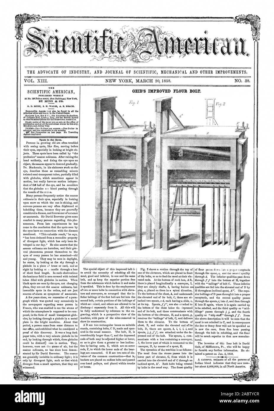 L' AVVOCATO DI INDUSTRIA E UFFICIALE DELLA MECCANICA scientifica e altri miglioramenti. GEIB MIGLIORATA DEL BULLONE DI FARINA. Il 'pubblicato settimanalmente da MUNN 84 CO. Macchie negli occhi., Scientific American, 1858-03-20 Foto Stock