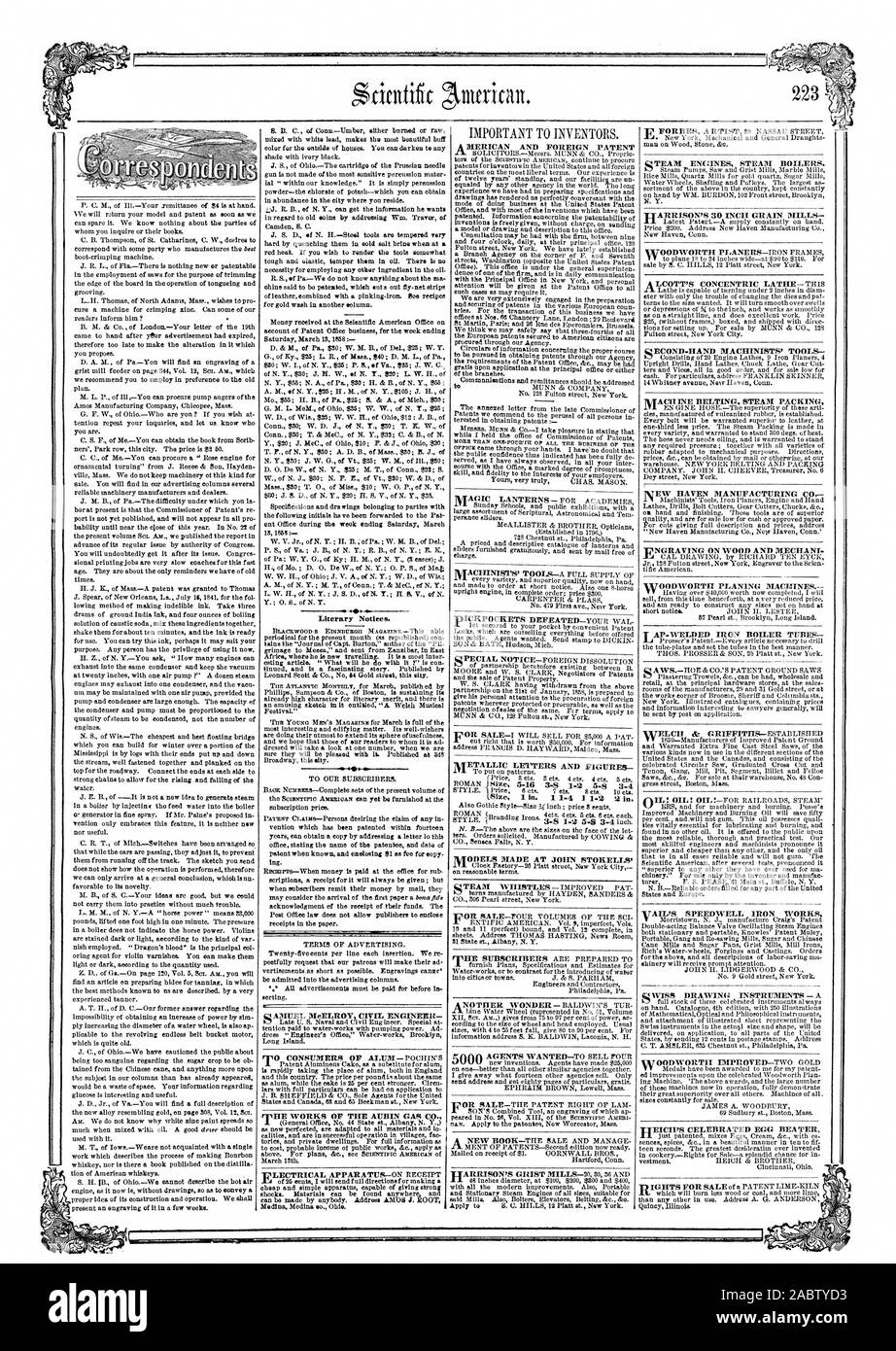 Tirntific avvisi letteraria. G ;1 AMUEL MeEL01' INGEGNERE CIVILE VLECTRICAL APPARECCHIATURA DI RICEZIONE ANETALLIC LETTERE E CIFRE modelli realizzati presso la John STOKELLS' ITAIIRISON 30 POLLICI MULINI PER GRANO QECOND MANO MACCHINISTI' STRUMENTI IVEW HAVEN MANUFACTURING CO UNGRAVING SU LEGNO E MECHAM AP-ferro saldato i tubi della caldaia VAIL'S SPEEDWELL IRON WORKS Q VISIS STRUMENTI DA DISEGNO - Un, Scientific American, 1858-03-20 Foto Stock