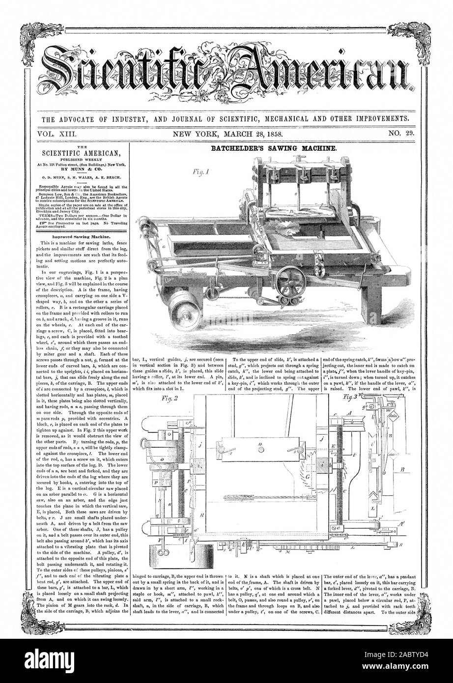 L' AVVOCATO DI INDUSTRIA E UFFICIALE DELLA MECCANICA scientifica e altri miglioramenti. BATCHELDER la macchina segatrice, Scientific American, 1858-03-28 Foto Stock