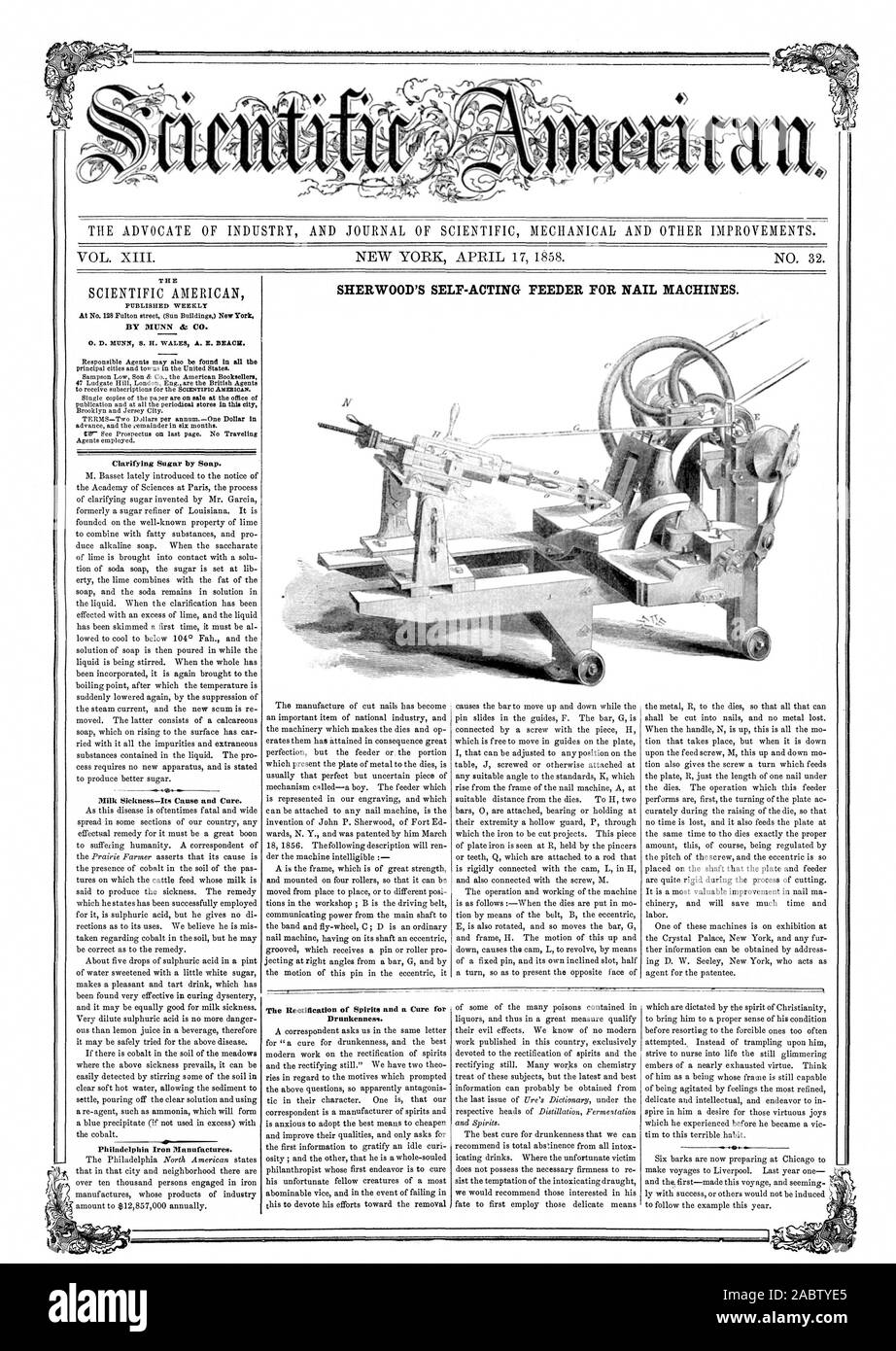 L' AVVOCATO DI INDUSTRIA E UFFICIALE DELLA MECCANICA scientifica e altri miglioramenti. SHERWOOD DI SELF-deliberando alimentatore per macchine per unghie. Il chiarimento di zucchero da parte di sapone. Philadelphia il ferro produce. Ubriachezza., Scientific American, 1858-04-17 Foto Stock