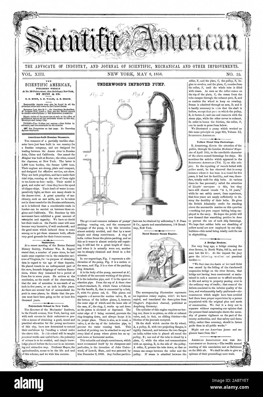 L' AVVOCATO DI INDUSTRIA E UFFICIALE DELLA MECCANICA scientifica e altri miglioramenti. Il settimanale pubblicata, Scientific American, 1858-05-08 Foto Stock