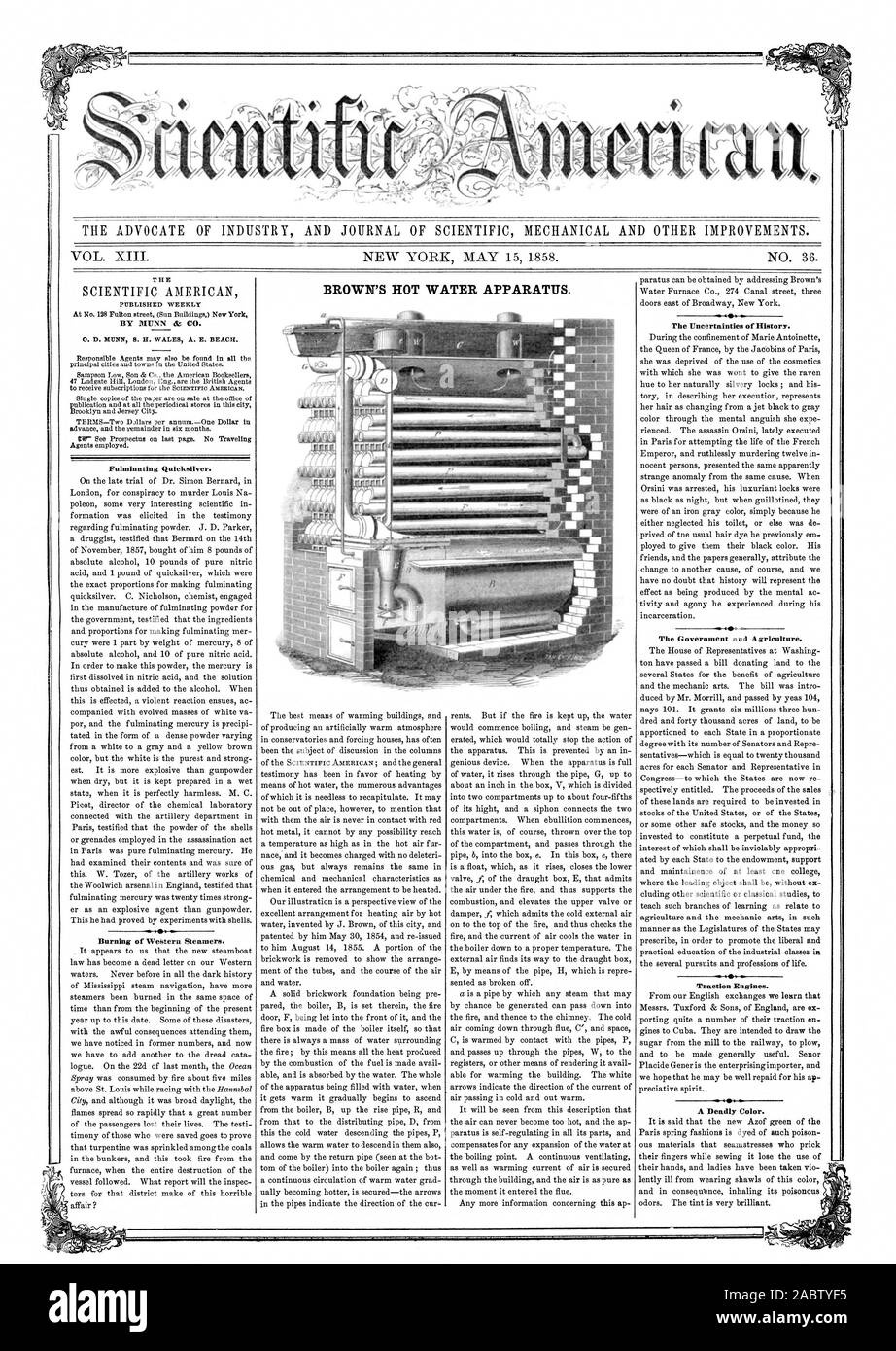 L' AVVOCATO DI INDUSTRIA E UFFICIALE DELLA MECCANICA scientifica e altri miglioramenti. BROWN ACQUA CALDA APPARECCHIATURA. Fulminante Quicksilver. Le incertezze della storia. Il governo e l'agricoltura. I motori di trazione. Un micidiale colore., Scientific American, 1858-05-15 Foto Stock