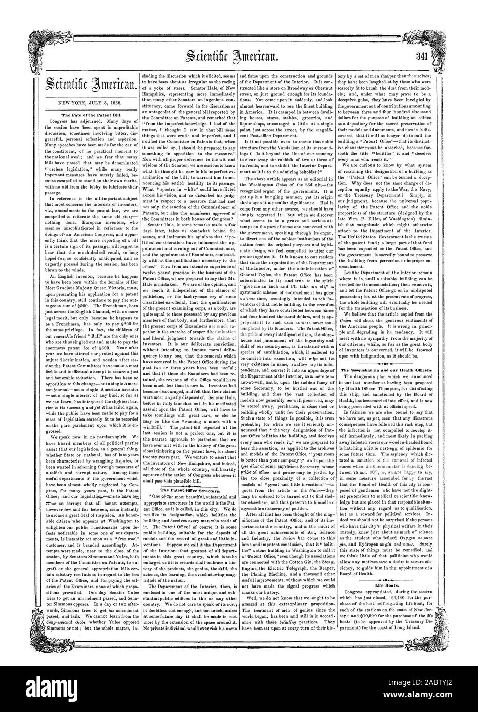 Il destino del brevetto Bill Il Susquehan nit e la nostra salute ufficiali. La vita di barche., Scientific American, 1858-07-03 Foto Stock