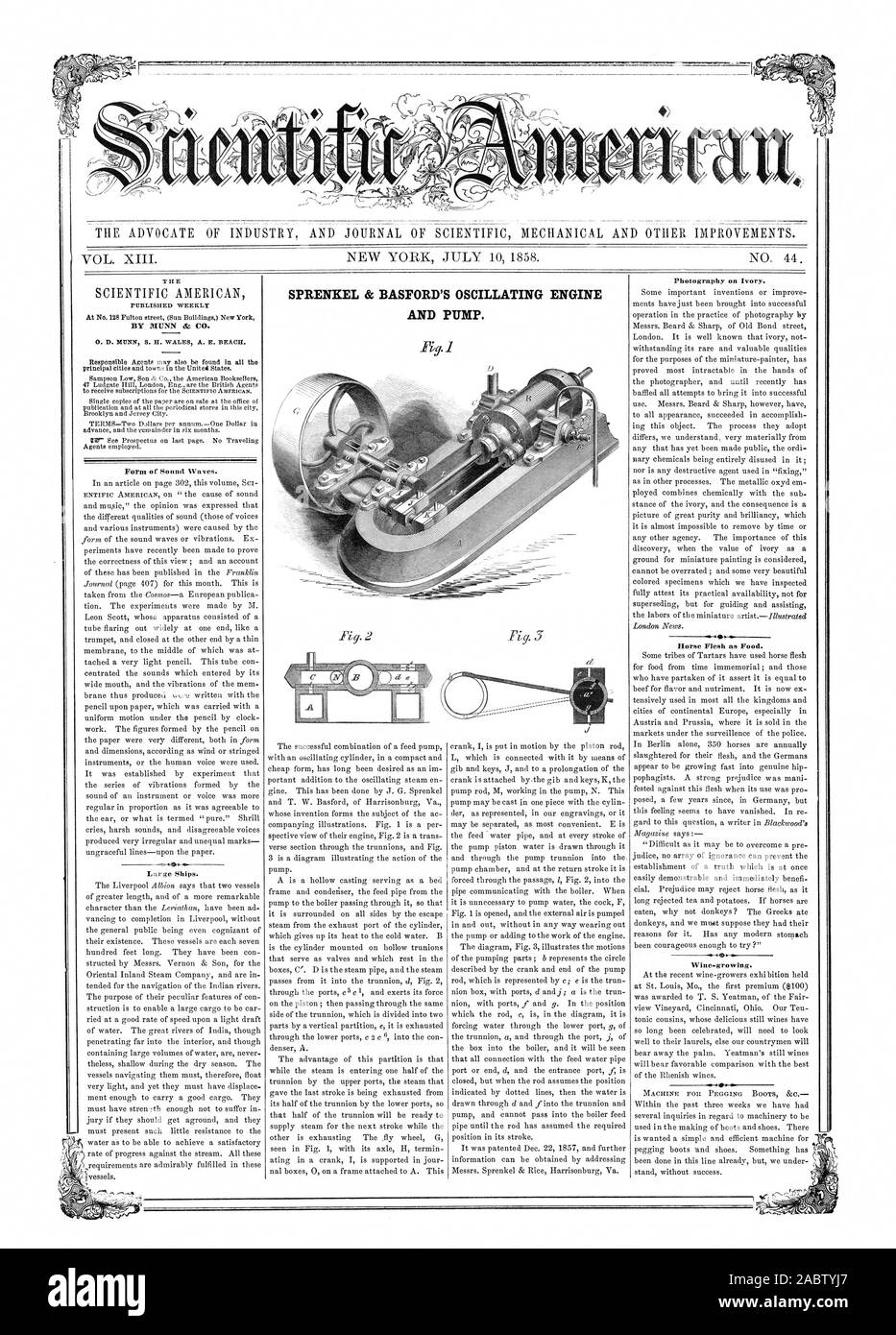 L' AVVOCATO DI INDUSTRIA E UFFICIALE DELLA MECCANICA scientifica e altri miglioramenti. SPRENKEL & BASFORD oscillante del motore e della pompa. Il settimanale pubblicata MACCHINA PER ANCORAGGIO STIVALI &C, Scientific American, 1858-07-10 Foto Stock