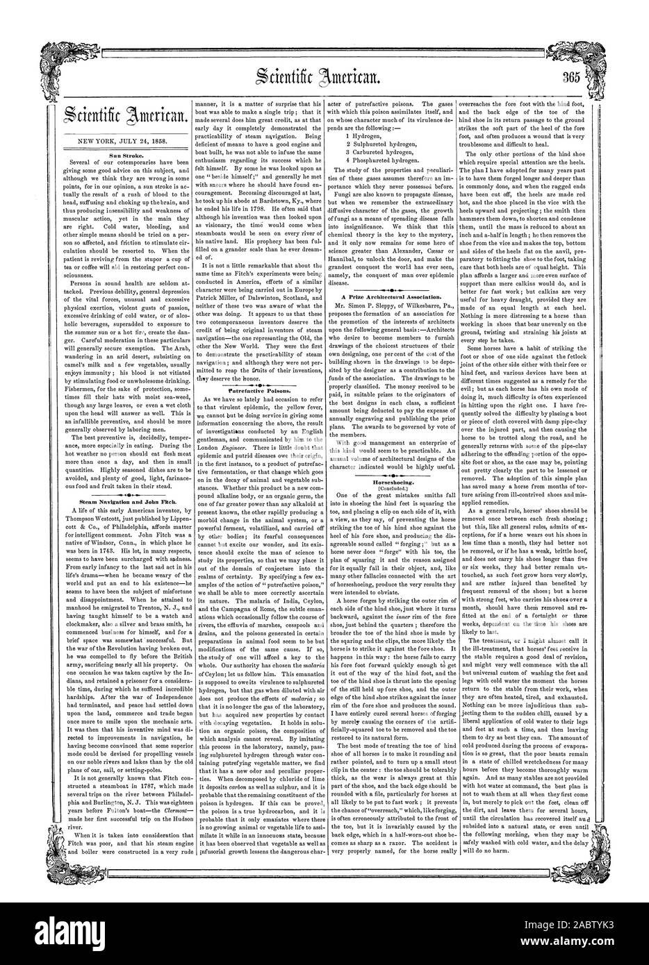 Corsa di sun. La navigazione a vapore e John Fitch. Veleni Putrefactive. Un premio Architectural Association. Horseshoeing., Scientific American, 1858-07-24 Foto Stock